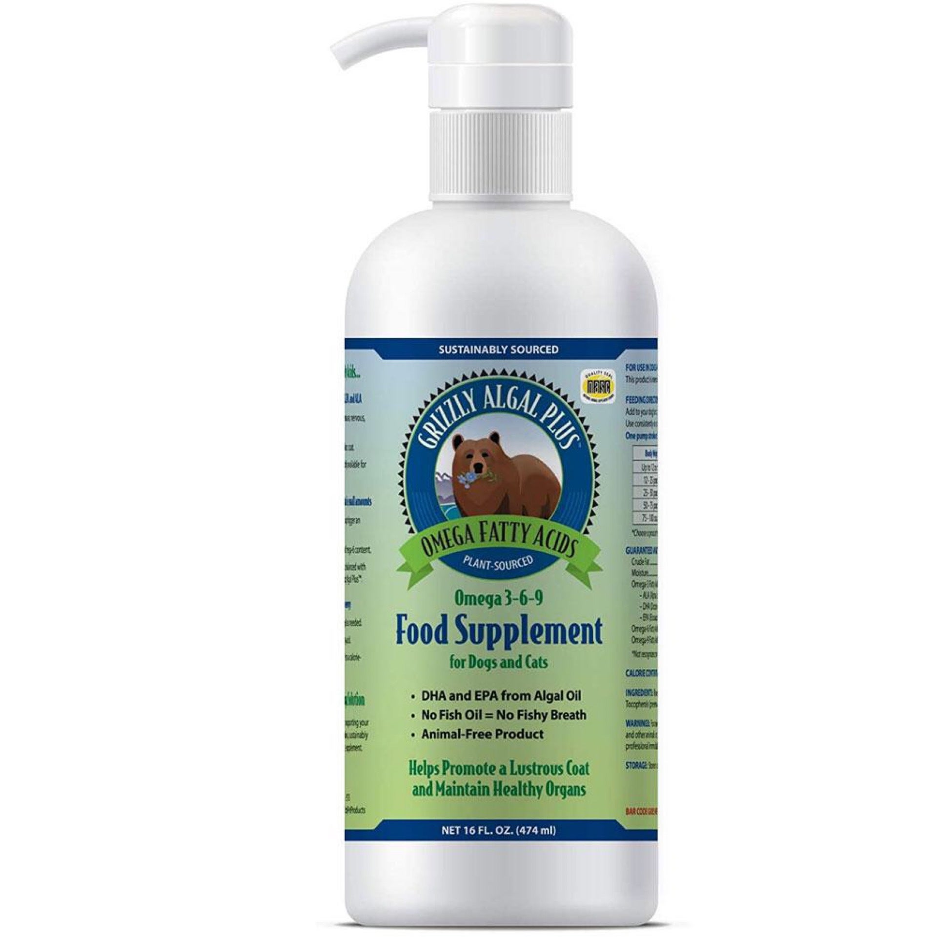 Grizzly Algal Plus Omega Fatty Acids Supplement for Dogs & Cats, 16 Fl
