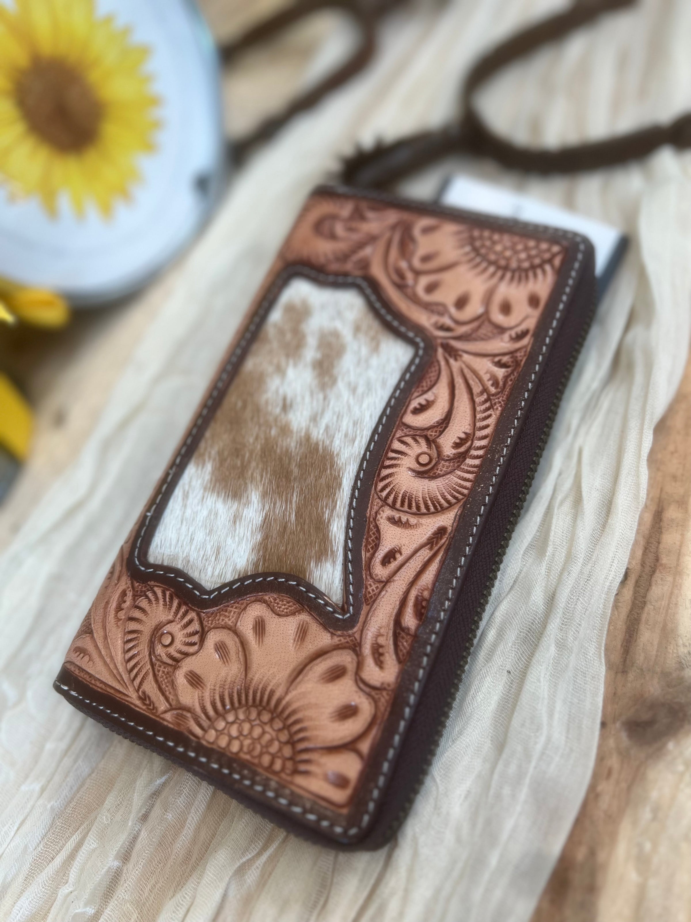 Sunflower Hand Carved Leather Wallet Custom Handmade 